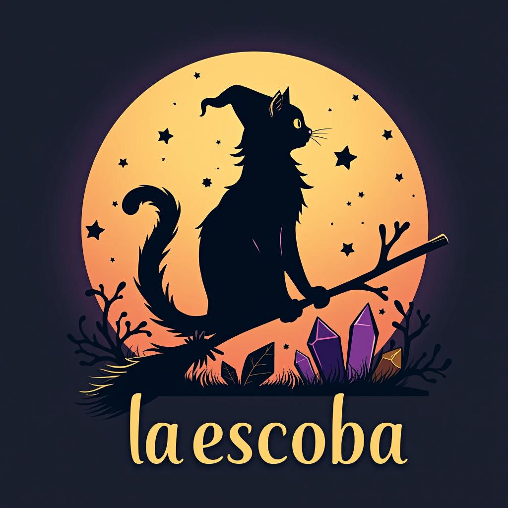  design a logo, witchy, cat silhouette on broom, crystals, moon , with the text 'la escoba '.