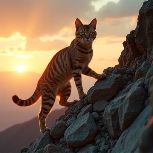  as the sun dips low on the horizon, casting a warm golden glow over the rugged landscape, hemule, the anthropomorphic light brown tabby cat, embarks on a daring ascent. each sinewy muscle flexes beneath their fur as they navigate the rocky mountain, their green eyes fixed on the distant peak. the earthy hues of the terrain contrast with hemule's sleek fur, adorned with a mix of brown, black, and grey stripes that seem to blend seamlessly with the natural surroundings. the wind ruffles their immaculately styled fur, adding a touch of wildness to their rebellious persona. against the backdrop of a vast expanse of sky painted with wispy clouds, hemule's determined climb unfolds from the bottom left hyperrealistic, full body, detailed clothing, highly detailed, cinematic lighting, stunningly beautiful, intricate, sharp focus, f/1. 8, 85mm, (centered image composition), (professionally color graded), ((bright soft diffused light)), volumetric fog, trending on instagram, trending on tumblr, HDR 4K, 8K