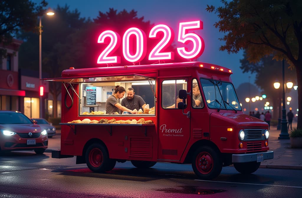  text "2025” in neon lights above a vibrant food truck scene, with street food and diverse dishes being served {prompt}, maximum details