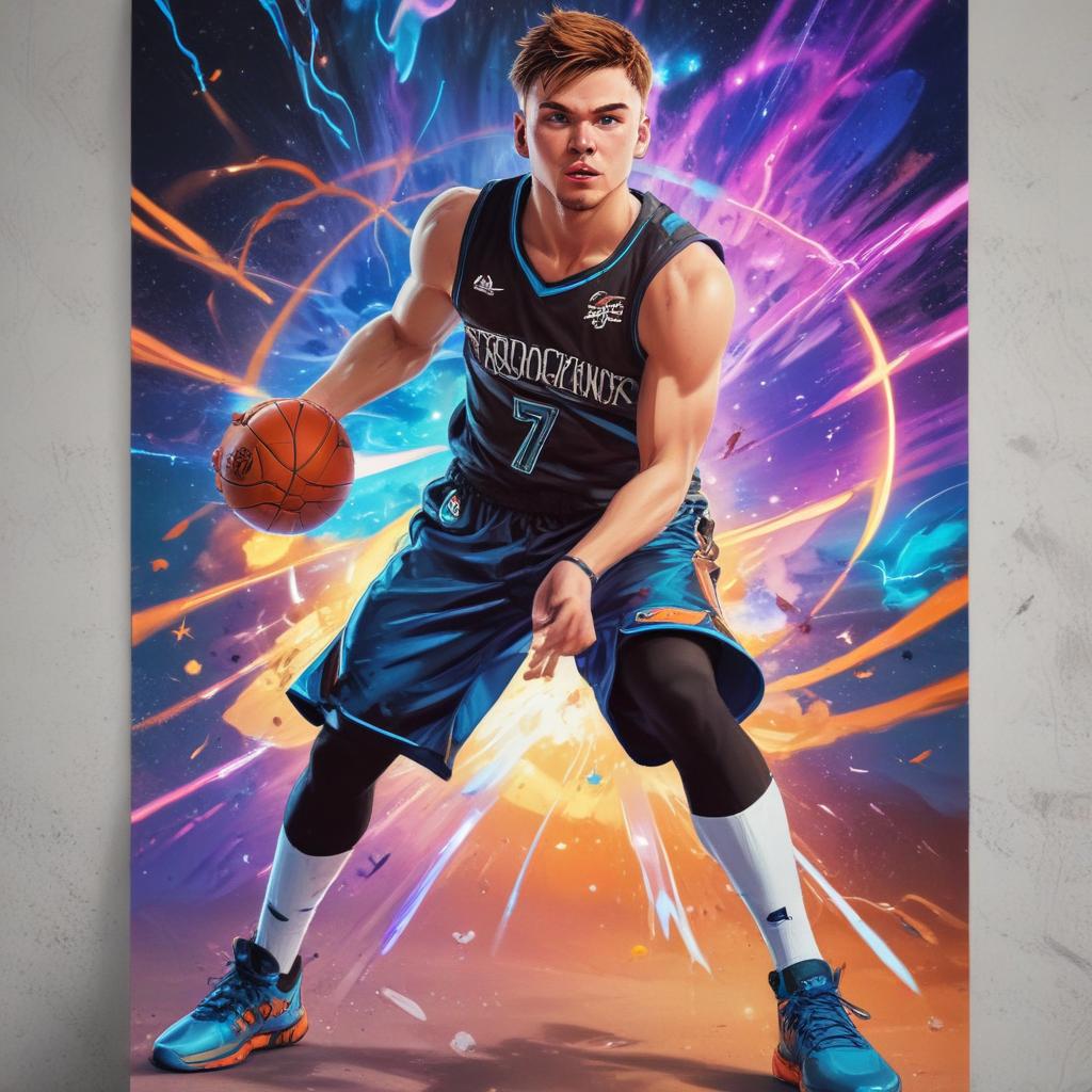 distance-shot, flashy, full-body, dynamic, holographic, animated cartoon poster of luka doncic in the style of dragon ball super