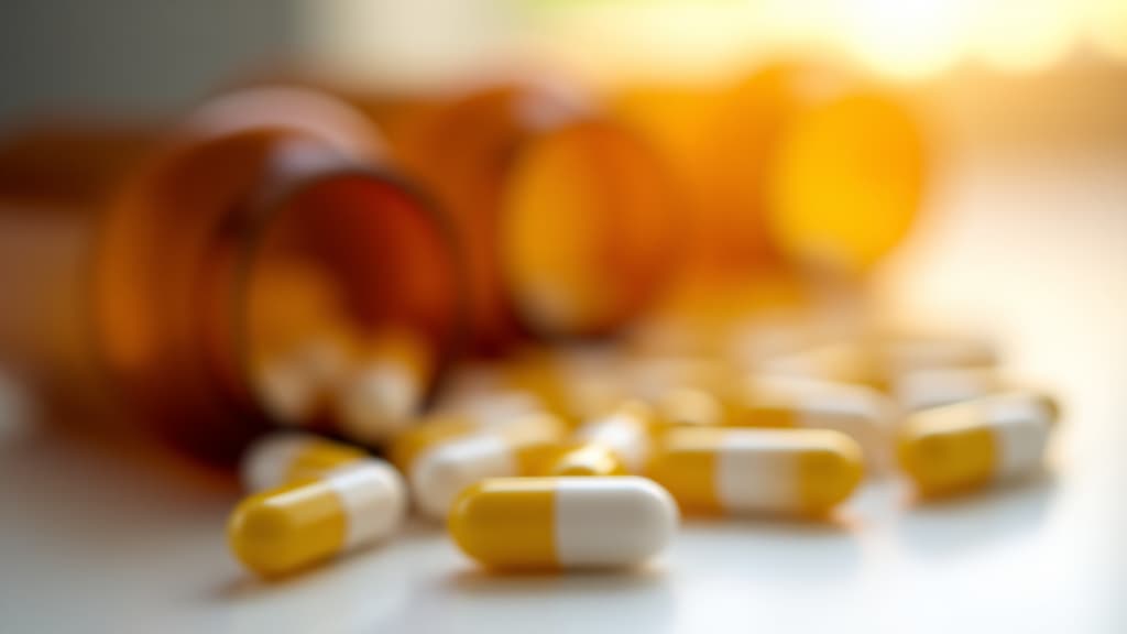  close up of amber pill bottles with white and yellow capsules against soft, illuminated background.