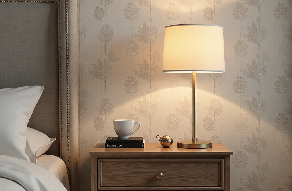  real estate photography style table lamp on the chest of drawers on the right. against the background of wallpaper. laconic calm interior design ar 3:2 . professional, inviting, well lit, high resolution, property focused, commercial, highly detailed