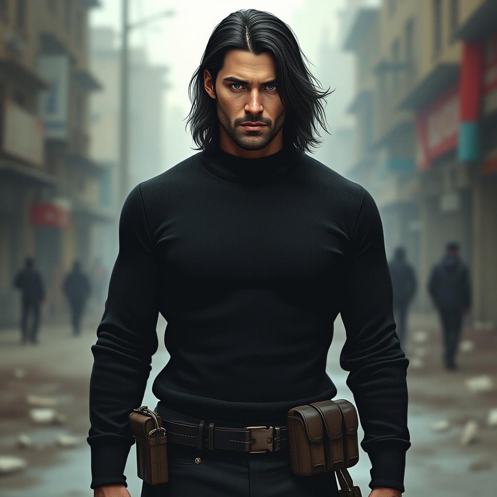  hyperrealistic art a very handsome man of 25 years, black long hair carelessly combed back, a wide forehead, straight broad eyebrows, mendaloid blue eyes, a nose with a hump, thin lips, square jaw, light bristles, tall, athletic, courageous, dressed in a black tight sweater, black pants, a tactical belt on the belt, a stalker in the world of the apocalypse, against the background of a street with destroyed buildings, . extremely high resolution details, photographic, realism pushed to extreme, fine texture, incredibly lifelike