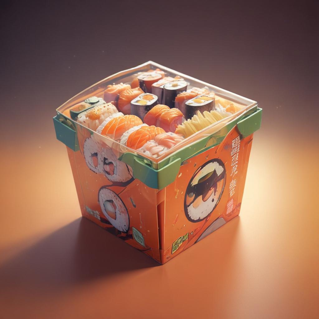 distance-shot, flashy, full-body, dynamic, holographic, animated cartoon poster of a take-out box of sushi in the style of dragon ball super