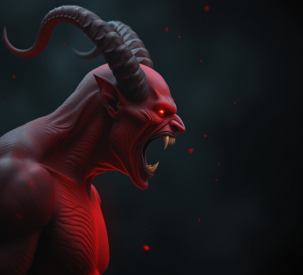  angry devil profile with copy space for text black background yelling, shouting, screaming god of evil hell concept art leviathan, astaroth, mammon, baal, high quality, high details, hd, perfect composition, 4k epic detailed, highly detailed, sharp focus, high resolution