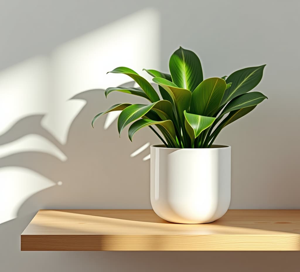  a simple white planter holding a vibrant green plant, casting elegant shadows on a minimalist wooden shelf.