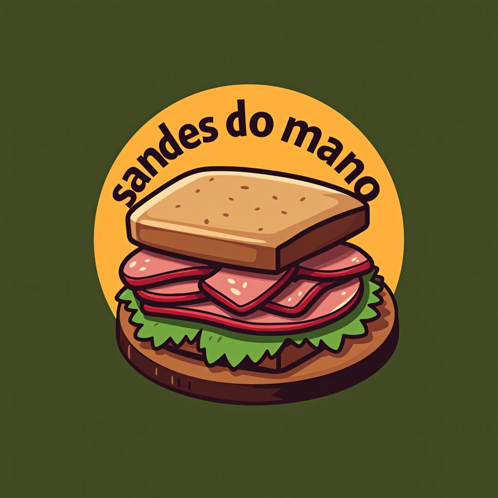  design a logo, in a threedrender style. sandwich of pork , called « sandes do mano » with a bouncer in the back gold background , with the text 'sandes do mano'.