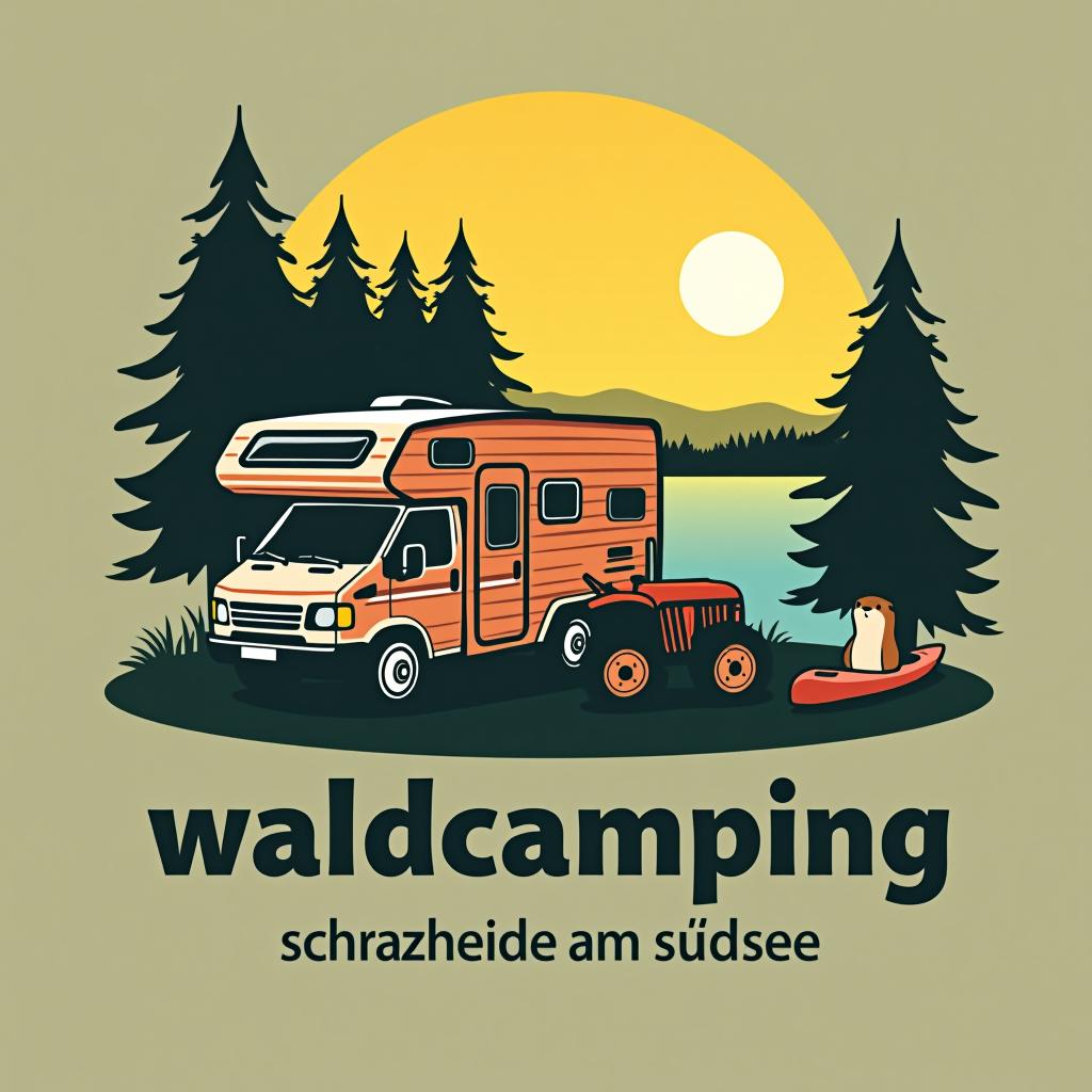  design a logo, für einen campingplatz. zelt,wohnwagen, otter,alpaka, traktor,wald und see. der name des campingplatz, waldcamping schwarzheide am südsee, with the text 'waldcamping schwarzheide am südsee'.