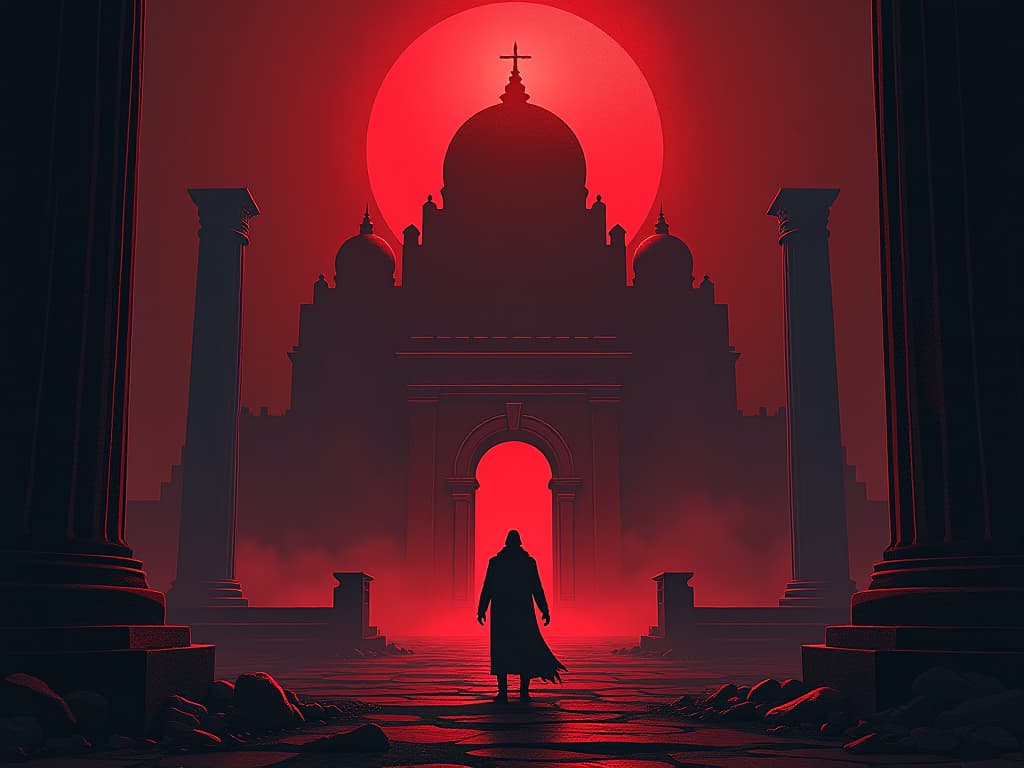  architect in red, building a glowing edifice from ancient ruins, aura of transformation and renewal. the style is digital art illustration / modern comic book / graphic dark novel fantasy and mysterious occult, symbolic, moody lighting, esoteric vibe,high detail on character design. for the color scheme emphasize blacks and reds.