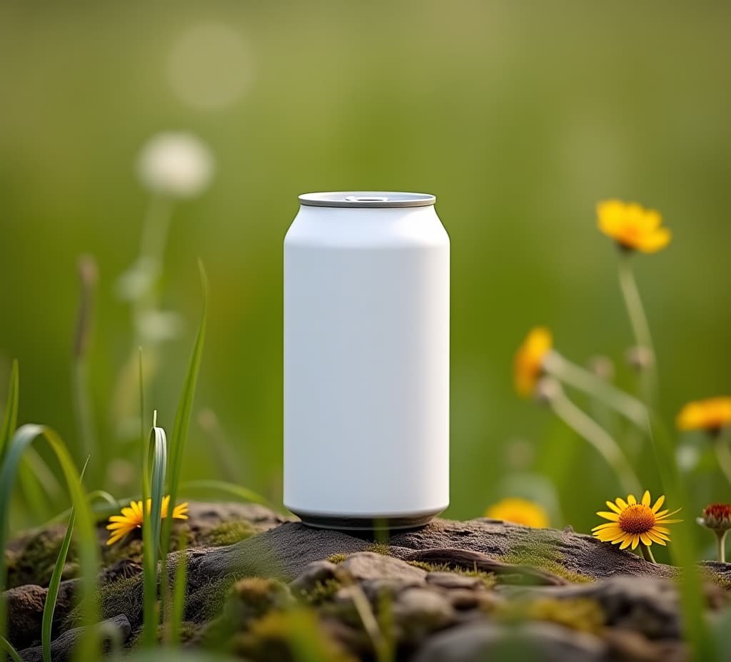  white soda can mockup placed in a natural setting with wildflowers