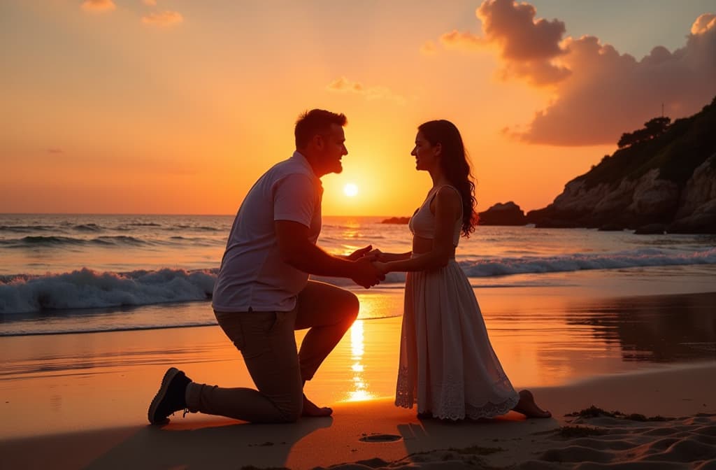  man proposing to girl on beach at sunset ar 3:2 {prompt}, maximum details