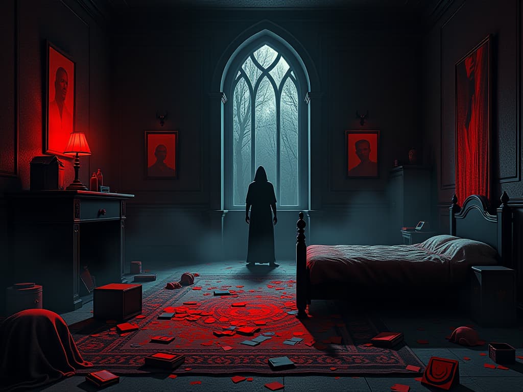  flooded room with fragments of memories, faint apparitions and echoes of past events, sense of overwhelming recollection. the style is digital art illustration / modern comic book / graphic dark novel fantasy and mysterious occult, symbolic, moody lighting, esoteric vibe,high detail on character design. for the color scheme emphasize blacks and reds.