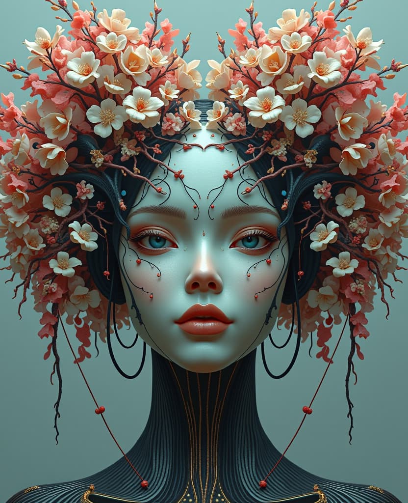  a full body realistic photography of by dali but only weirder, symmetric, willow tree, colorful blossom, confusion, improbability; robotic, metallic, polished, complex, naoto hattori, anna dittmann, tom bagshaw; symmetrical face, fractal, smoke, mist nikon d850 highly detailed digital painting extremely detailed 8k fantastic view hyperrealistic ultra detailed 4k 3d crisp quality