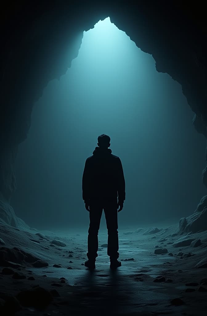  an image of a person standing at the cave entrance, tired and terrified, with the cave completely dark behind him, with silence surrounding the place. hyperrealistic, full body, detailed clothing, highly detailed, cinematic lighting, stunningly beautiful, intricate, sharp focus, f/1. 8, 85mm, (centered image composition), (professionally color graded), ((bright soft diffused light)), volumetric fog, trending on instagram, trending on tumblr, HDR 4K, 8K