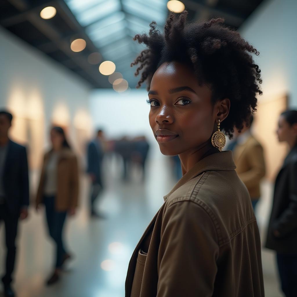  create a picture of longevity presentation, in the lower right is a beautiful, young woman of african descent in looking over the shoulder pose. in the background you can see other people of different genders and origins in a exhibition halls. hyperrealistic, full body, detailed clothing, highly detailed, cinematic lighting, stunningly beautiful, intricate, sharp focus, f/1. 8, 85mm, (centered image composition), (professionally color graded), ((bright soft diffused light)), volumetric fog, trending on instagram, trending on tumblr, HDR 4K, 8K