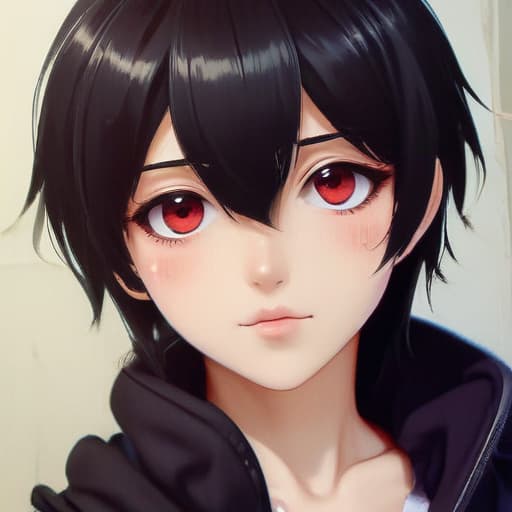 He has short hair and eyes that transition from red to black. anime girl