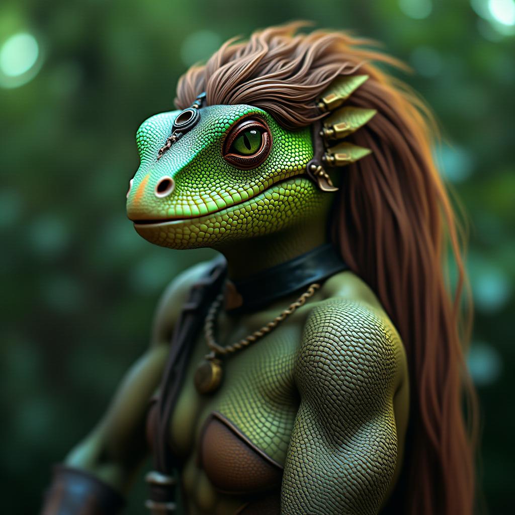  cinematic photo an anthropomorphic lizard woman dressed as a barbarian, green scales, brown hair on her head, muscles on her body, strong build . 35mm photograph, film, bokeh, professional, 4k, highly detailed