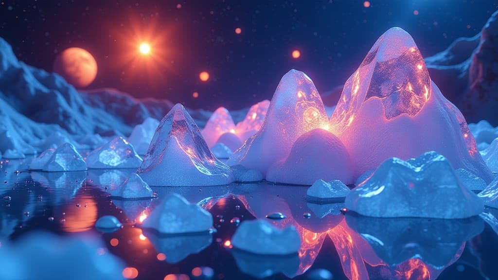  prompt: create a hyper realistic image showcasing the near infrared signature of different forms of ice in space. the composition should feature a visually stunning, light filled laboratory setting at the university of innsbruck, led by thomas lörting's research group. incorporate approximately twenty diverse ice forms, each uniquely shaped and colored, symbolizing their existence in the universe. include elements like ice giants such as uranus and neptune, as well as ice covered moons of jupi