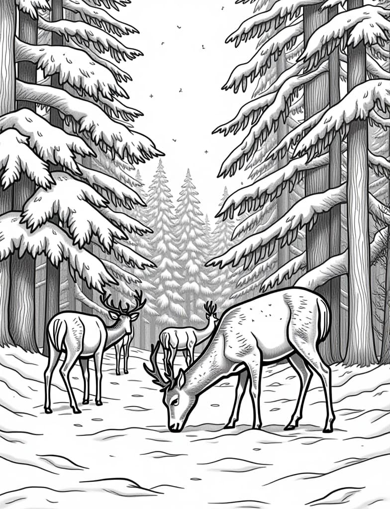  this is for an adult coloring page. a detailed black and white line art of a snowy snow covered forest with a group of deer grazing on a solid white background.