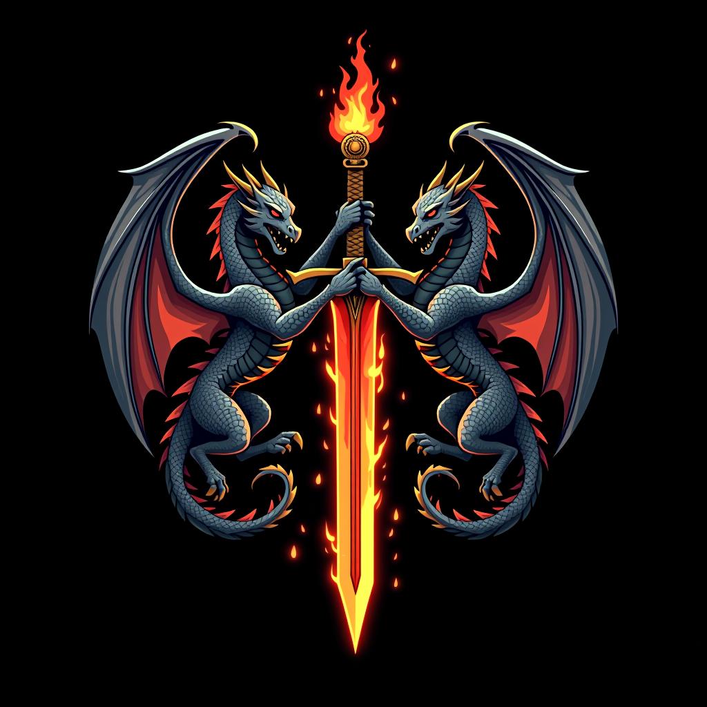  logo, custom sticker design on an isolated black background decorated by mythical dragons and a flaming sword