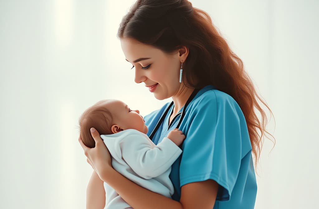  professional detailed photography, girl doctor holding a baby in her arms, in medical clothes, on a white background, sunny day ar 3:2, (muted colors, dim colors, soothing tones), (vsco:0.3)