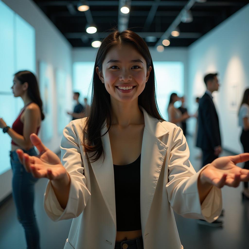  create a picture of science fair, in the left is a beautiful, young woman of asian descent in reaching out with both hands pose. in the background you can see other athletes of different genders and origins in a museums. hyperrealistic, full body, detailed clothing, highly detailed, cinematic lighting, stunningly beautiful, intricate, sharp focus, f/1. 8, 85mm, (centered image composition), (professionally color graded), ((bright soft diffused light)), volumetric fog, trending on instagram, trending on tumblr, HDR 4K, 8K