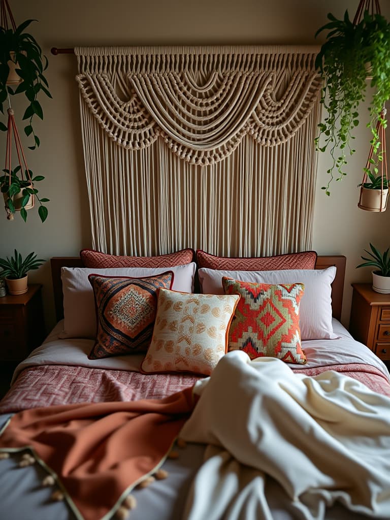  high quality portrait photo of a bohemian chic bedroom with a macramé headboard, colorful throw pillows, and hanging plants, shot from a high angle to showcase the eclectic mix of textures and patterns hyperrealistic, full body, detailed clothing, highly detailed, cinematic lighting, stunningly beautiful, intricate, sharp focus, f/1. 8, 85mm, (centered image composition), (professionally color graded), ((bright soft diffused light)), volumetric fog, trending on instagram, trending on tumblr, HDR 4K, 8K