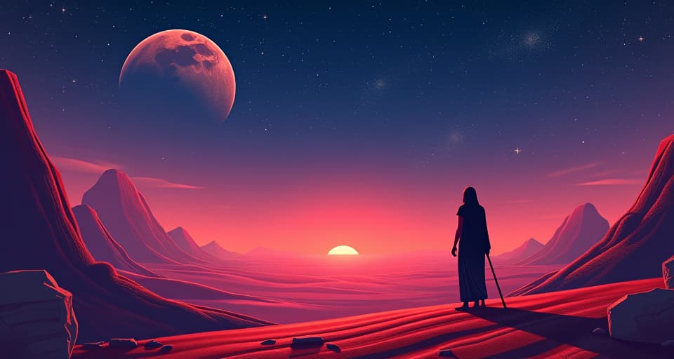  an exotic, starry landscape of a distant planet, dual moons in the twilight sky, crimson sands and crystal formations, ethereal glow, serene yet otherworldly ambiance. the style is digital art illustration / modern comic book / mysterious occult, symbolic, esoteric vibe,high detail on character design, incorporating ancient egyptian symbology and attire.