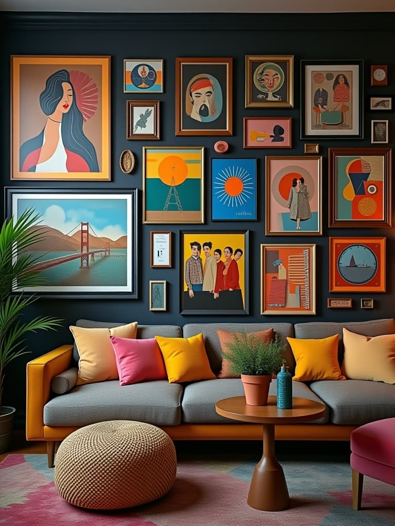  high quality portrait photo of an eclectic living room with a vibrant gallery wall featuring a mix of colorful abstract paintings, vintage posters, and quirky objects, arranged in a freeform style against a dark colored accent wall hyperrealistic, full body, detailed clothing, highly detailed, cinematic lighting, stunningly beautiful, intricate, sharp focus, f/1. 8, 85mm, (centered image composition), (professionally color graded), ((bright soft diffused light)), volumetric fog, trending on instagram, trending on tumblr, HDR 4K, 8K