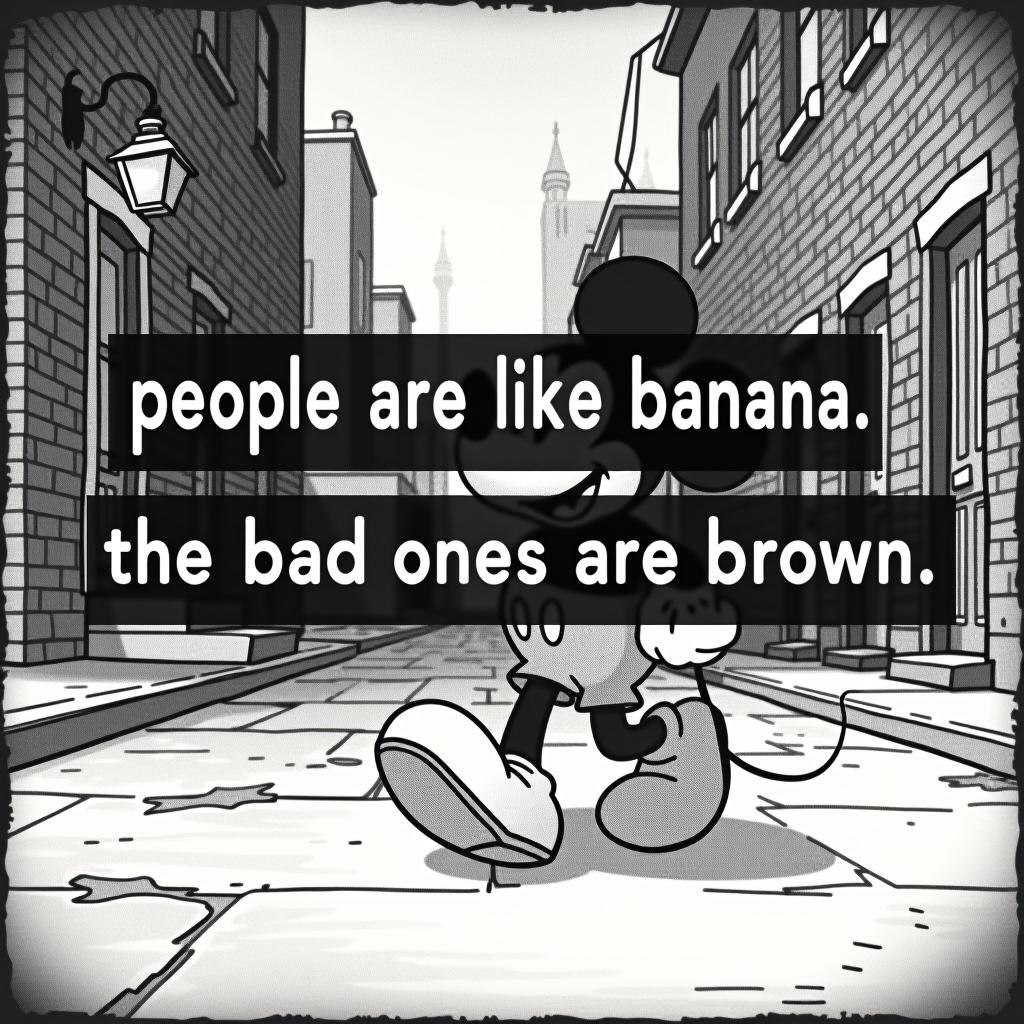  the image is a black and white, vintage style illustration that appears to be a reference to old animation, specifically in the style of early 20th century cartoons. the character in the image strongly resembles a famous animated mouse mickey mouse, depicted walking happily down a street lined with brick buildings. overlaid on the image is a bold, white text with a black outline that reads: "people are like bananas the bad ones are brown"