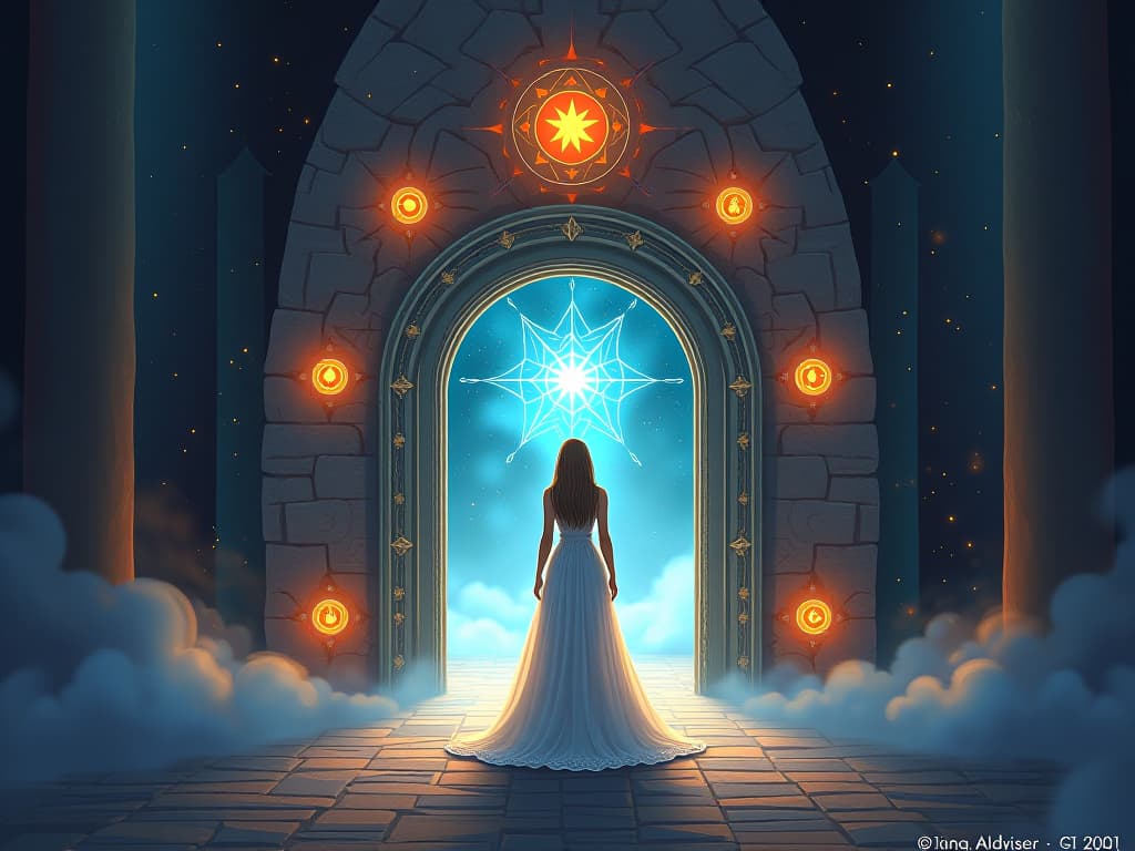  ancient portal with glowing symbols, celestial light, ethereal priestess, open gateway, mystical and sacred. the style is digital art illustration,highly detailed, whimsical,magical, dreamlike atmosphere, realism and fantasy blend, smooth, glossy textures,luminous quality, wonder and enchantment.