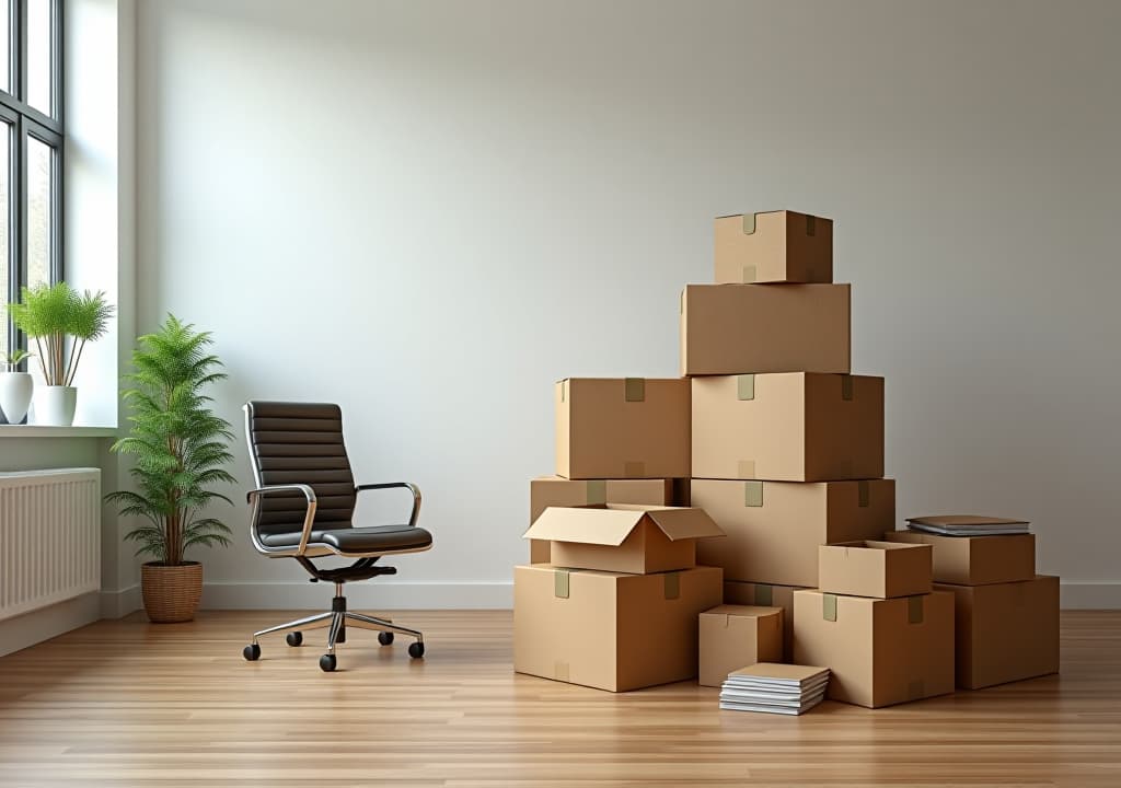  stack of cardboard boxes with stuff and office chair in empty office room. moving to new office, relocating, crisis, remote working, start new business, e commerce concept, high quality, high details, hd, perfect composition, 4k epic detailed, highly detailed, sharp focus, high resolution