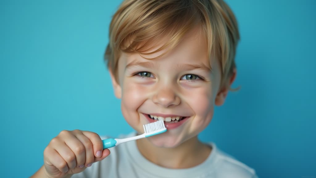  portrait of happy smiling boy holding toothbrush on blue background, studio shot ar 16:9, (natural skin texture), highly detailed face, depth of field, hyperrealism, soft light, muted colors