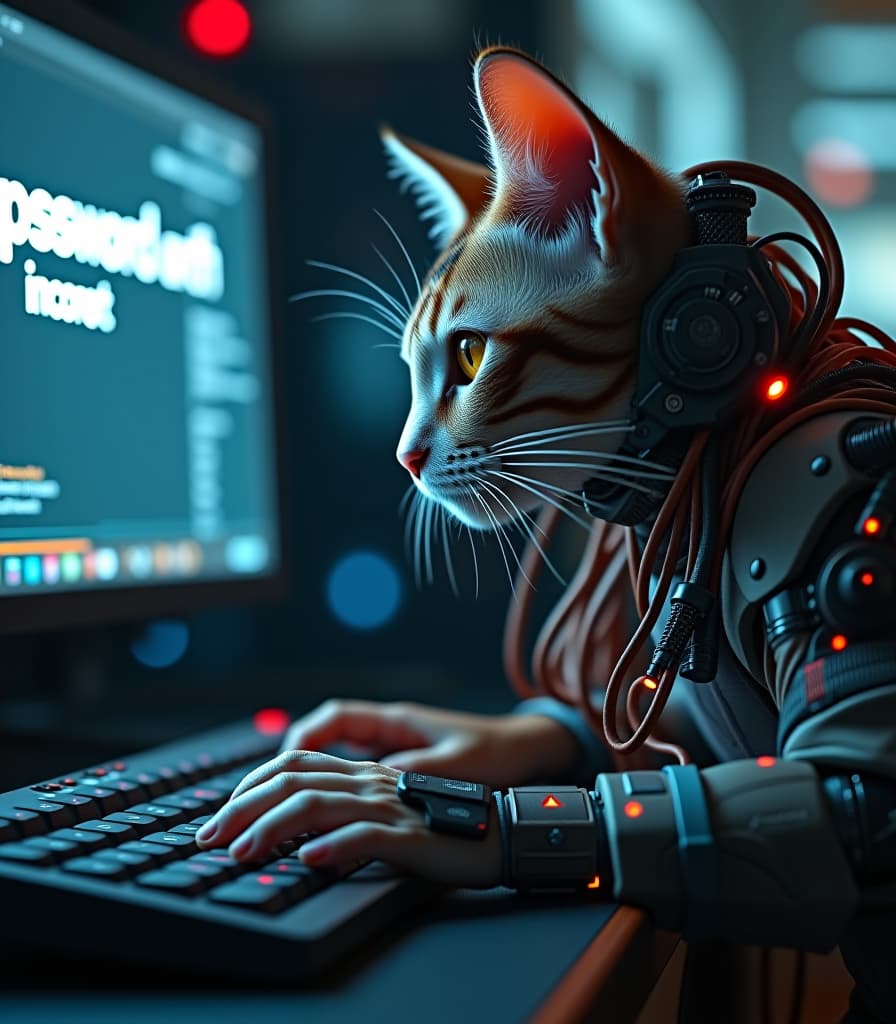  biomechanical cyberpunk a cyborg cat with numerous technical devices is typing on a computer keyboard, (large bold text "password is incorrect" on monitor screen:1.4), high detail, high resolution, detailed skin, detailed eyes, detailed wires and leds, detailed background, cinematic, (large depth of field:1.4), hyper realism, many small details, perfect composition and perspective. . cybernetics, human machine fusion, dystopian, organic meets artificial, dark, intricate, highly detailed hyperrealistic, full body, detailed clothing, highly detailed, cinematic lighting, stunningly beautiful, intricate, sharp focus, f/1. 8, 85mm, (centered image composition), (professionally color graded), ((bright soft diffused light)), volumetric fog, trending on instagram, trending on tumblr, HDR 4K, 8K