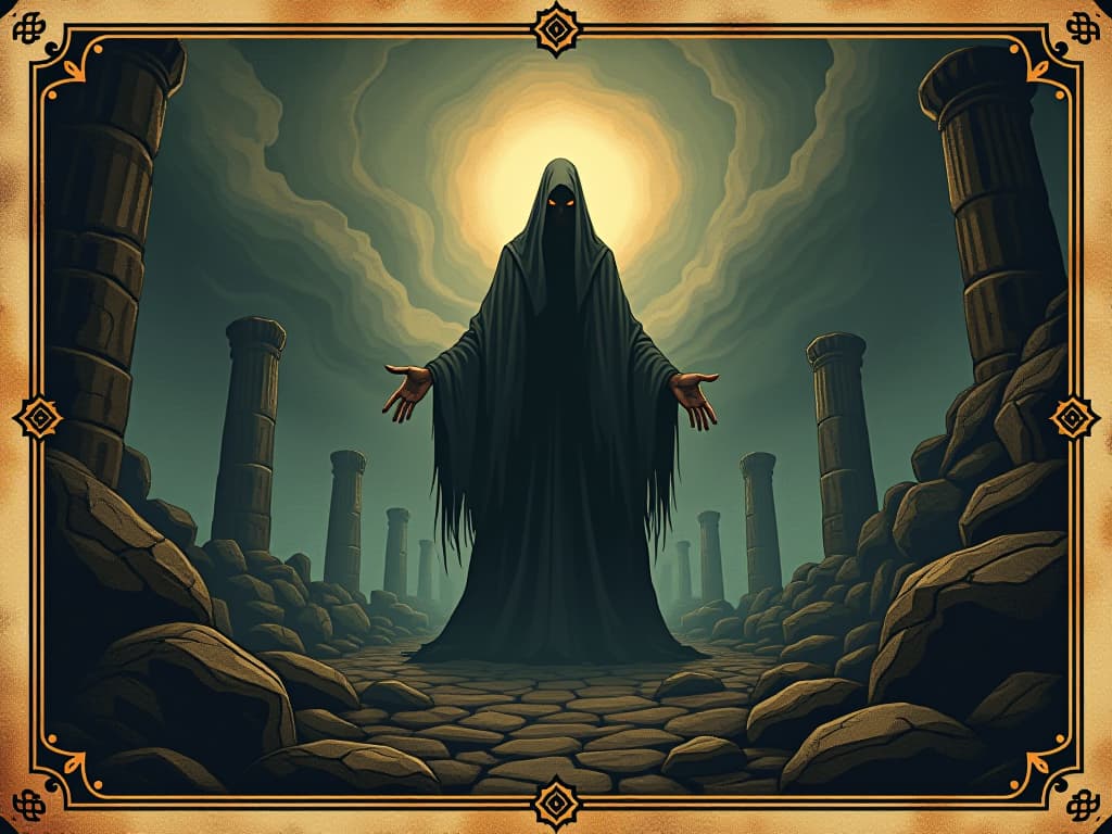  an enigmatic figure with glowing eyes, surrounded by swirling shadows, background of ancient ruins, atmosphere of mystery and power. an illustration in the style of a worn, mystical old tarot trump card, mysterious and elements of surrealism. the colors are muted, somber and eerie, but with contrast bring out an occult and esoteric vibe.