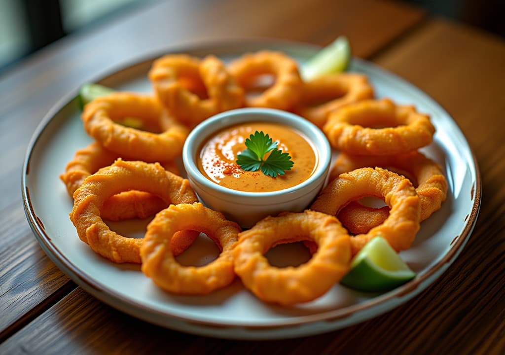  envision a mouthwatering plate of golden, crispy calamari rings arranged in a circular pattern on a rustic white ceramic dish. a small ramekin of vibrant chili lime aioli sits in the center, garnished with a sprig of fresh cilantro. lime wedges are artfully placed around the plate, and a light dusting of paprika adds a pop of color. the dish is set on a weathered wooden table with a soft, warm light illuminating the scene, highlighting the crispy texture of the calamari., in the style of photographic hyperrealistic, full body, detailed clothing, highly detailed, cinematic lighting, stunningly beautiful, intricate, sharp focus, f/1. 8, 85mm, (centered image composition), (professionally color graded), ((bright soft diffused light)), volumetric fog, trending on instagram, trending on tumblr, HDR 4K, 8K