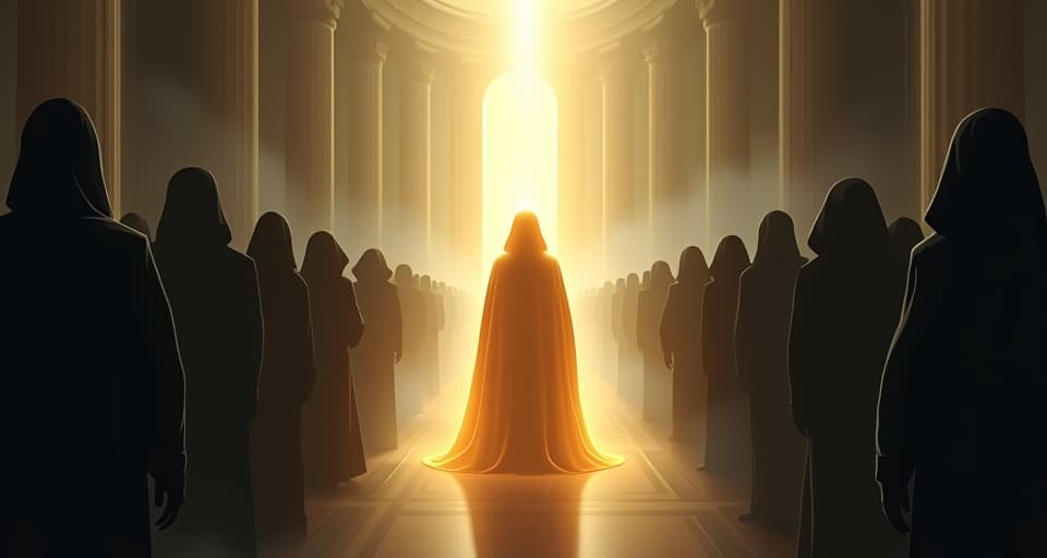  a luminous figure, cloaked in radiant light, stepping into a grand hall filled with shadowy figures. their presence is commanding, sending ripples of fear through the once confident crowd.. the style is digital art illustration,highly detailed, whimsical,magical, dreamlike atmosphere, realism and fantasy blend, smooth, glossy textures,luminous quality, wonder and enchantment.