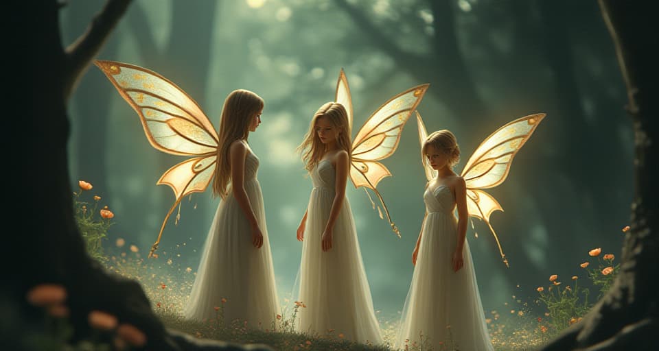  ethereal scene of serene fairies, their expressions somber. glowing floral wings drooping, attired in delicate, radiant gowns. they stand amidst a dimly lit clearing, representing reliance on missing spiritual strength and love.. the style is digital art illustration,highly detailed, whimsical,magical, dreamlike atmosphere, realism and fantasy blend, smooth, glossy textures,luminous quality, wonder and enchantment.