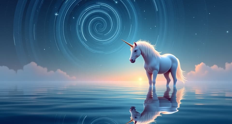  a mystical unicorn, ethereal and translucent, stares into a reflective water pool under a sky filled with swirling celestial patterns. the atmosphere is heavy with contemplation, the unicorn's mane softly glowing, questioning its place in the grand design of the world.. the style is digital art illustration,highly detailed, whimsical,magical, dreamlike atmosphere, realism and fantasy blend, smooth, glossy textures,luminous quality, wonder and enchantment.