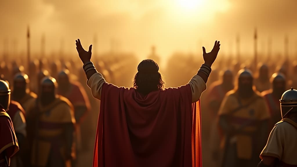  history of biblical times, gideon raising his hands triumphantly as victory looms, surrounded by his 300 soldiers. hyperrealistic, full body, detailed clothing, highly detailed, cinematic lighting, stunningly beautiful, intricate, sharp focus, f/1. 8, 85mm, (centered image composition), (professionally color graded), ((bright soft diffused light)), volumetric fog, trending on instagram, trending on tumblr, HDR 4K, 8K