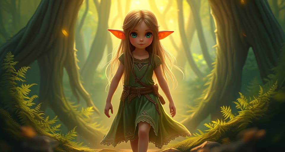  determined elf, focused gaze, enchanted forest, purposeful stride, golden light. the style is digital art illustration,highly detailed, whimsical,magical, dreamlike atmosphere, realism and fantasy blend, smooth, glossy textures,luminous quality, wonder and enchantment.