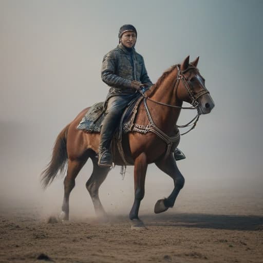 brutal kazakh on horse hyperrealistic, full body, detailed clothing, highly detailed, cinematic lighting, stunningly beautiful, intricate, sharp focus, f/1. 8, 85mm, (centered image composition), (professionally color graded), ((bright soft diffused light)), volumetric fog, trending on instagram, trending on tumblr, HDR 4K, 8K