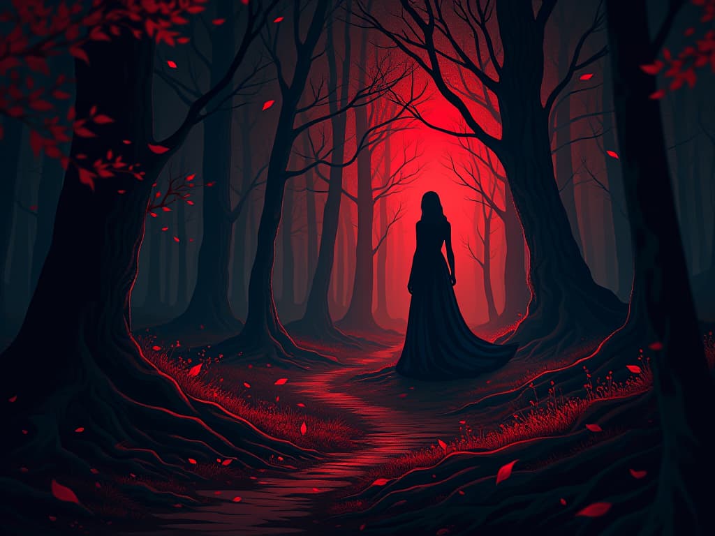  wind rustling through dark, ancient forest, leaves swaying gently, subtle whispers in the air. the style is digital art illustration / modern comic book / graphic dark novel fantasy and mysterious occult, symbolic, moody lighting, esoteric vibe,high detail on character design. for the color scheme emphasize blacks and reds.