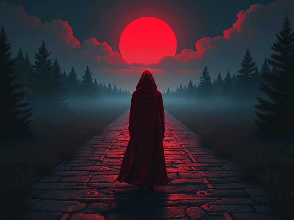  person in red, standing at a crossroads, paths lined with ancient runes, aura of reevaluating values and choices. the style is digital art illustration / modern comic book / graphic dark novel fantasy and mysterious occult, symbolic, moody lighting, esoteric vibe,high detail on character design. for the color scheme emphasize blacks and reds.