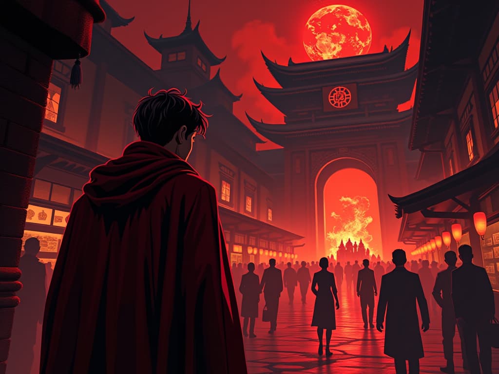  onlooker in red, witnessing a bustling marketplace from the shadows, others thriving, mood of envy and unfulfilled potential. the style is digital art illustration / modern comic book / graphic dark novel fantasy and mysterious occult, symbolic, moody lighting, esoteric vibe,high detail on character design. for the color scheme emphasize blacks and reds.