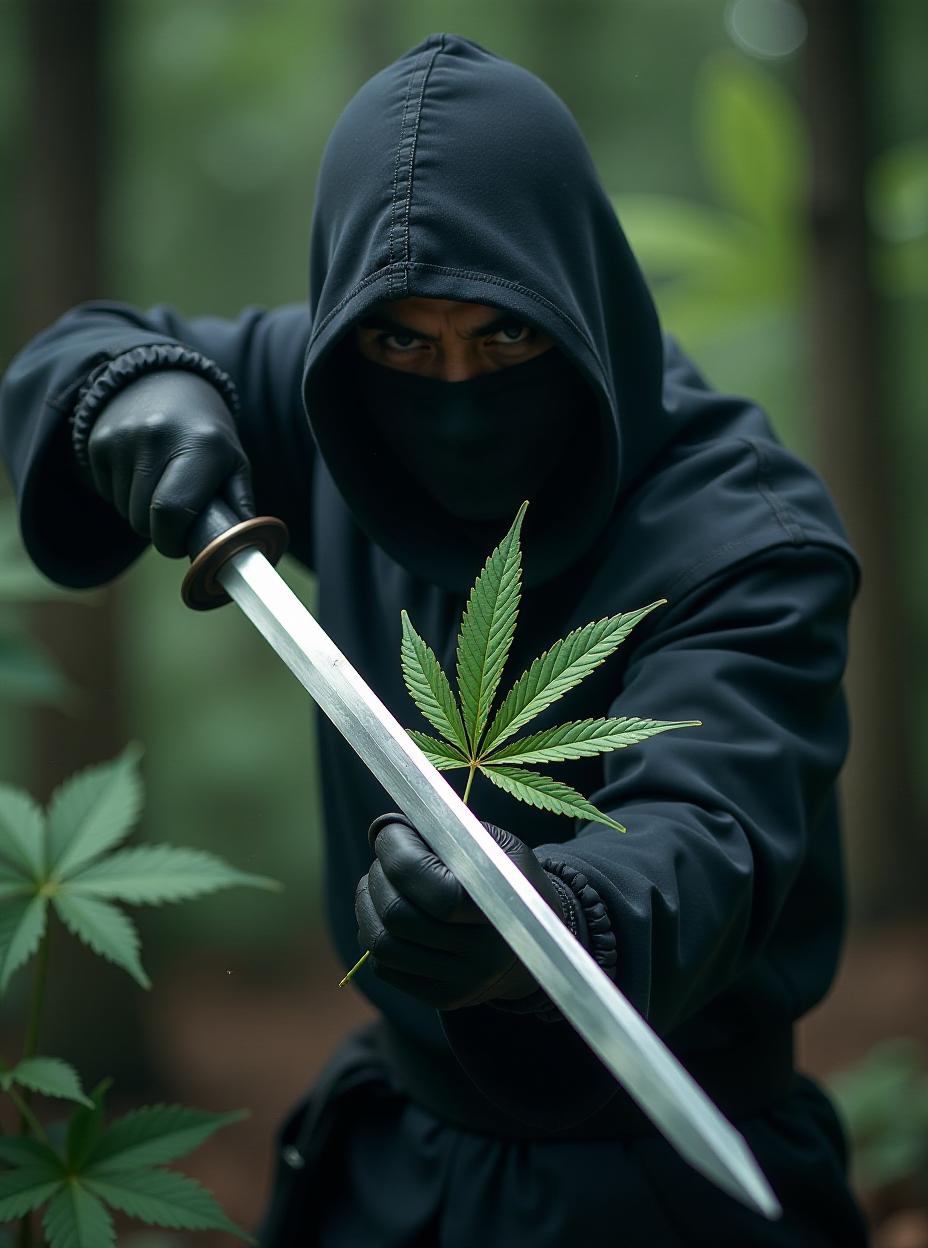  ninja cuts marijuana leaf with sword, high quality, high details, hd, perfect composition, 4k epic detailed, highly detailed, sharp focus, high resolution