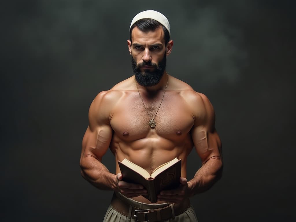  the muslim man, shirtless, showcasing his muscular physiques. the man is wearing a muslim cap and holding qur'an book in both hand, hyperrealistic, full body, detailed clothing, highly detailed, cinematic lighting, stunningly beautiful, intricate, sharp focus, f/1. 8, 85mm, (centered image composition), (professionally color graded), ((bright soft diffused light)), volumetric fog, trending on instagram, trending on tumblr, HDR 4K, 8K