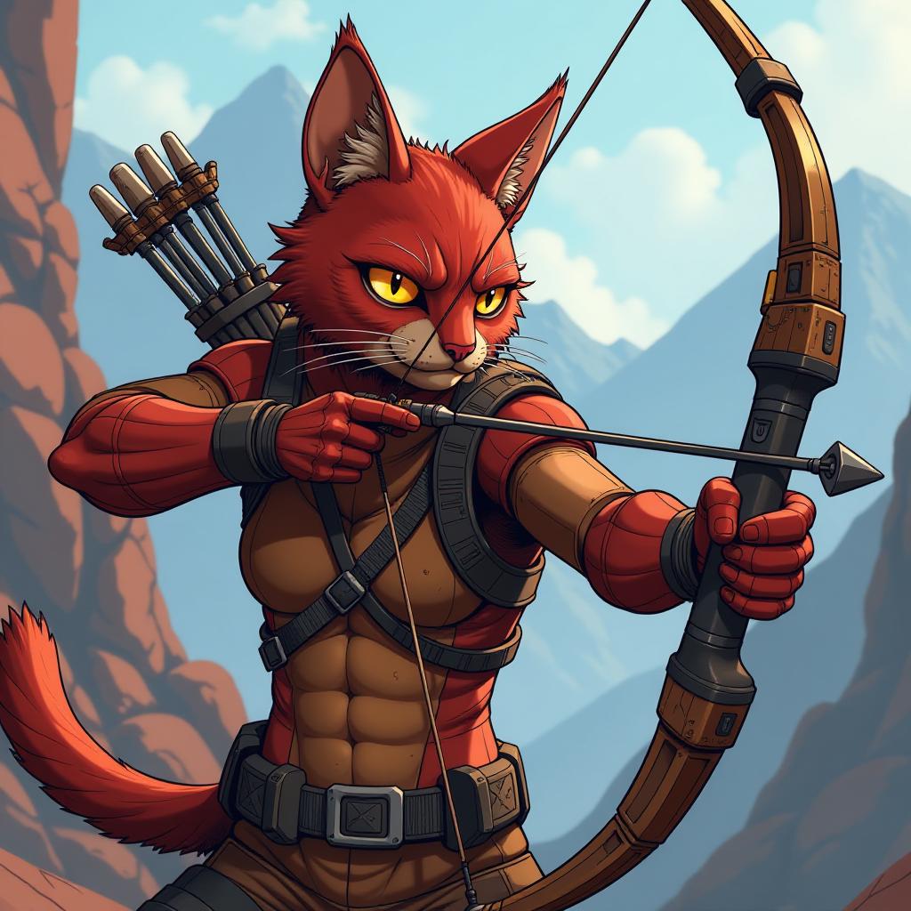  humanization, red cat, male, with a hunting bow, a formidable look, focused, shoots a bow at the screen, in the background of the expanses of pandora, in the style of the game borderlands 2