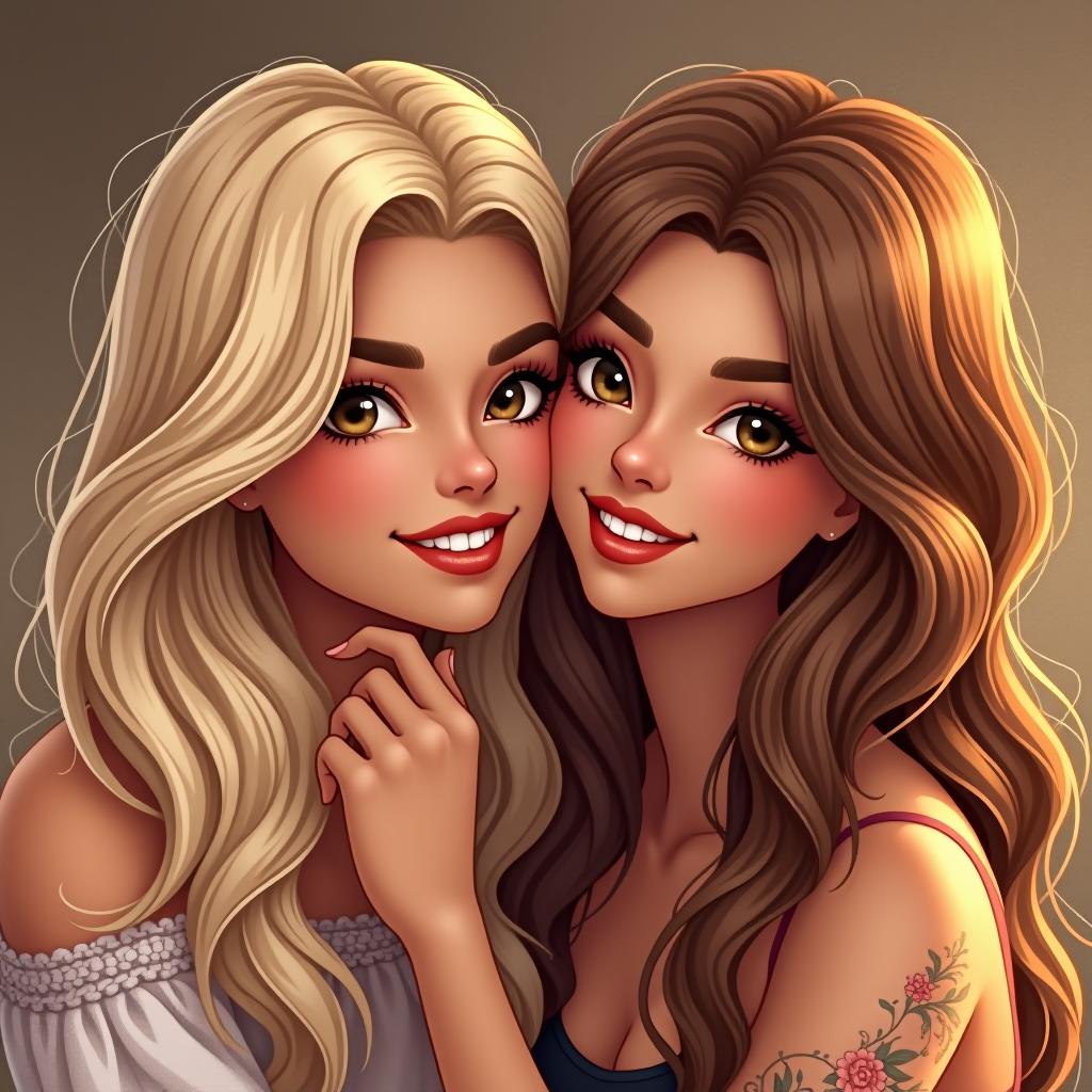  nails best friends blonde and brunette , (logo:1.15), hq, hightly detailed, 4k