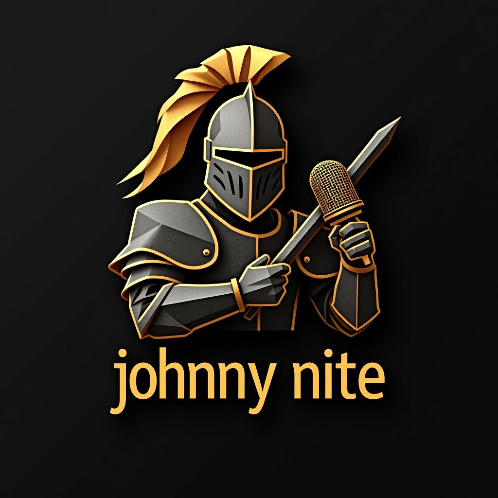  design a logo, in a origami style. knight with a mic, gold and black, with the text 'johnny nite'.